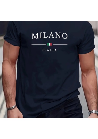 Guılan Erkek Milano Baskılı Pamuk Tişört - Yazlık Rahat Kısa Kollu Üstlacivert Lacivert