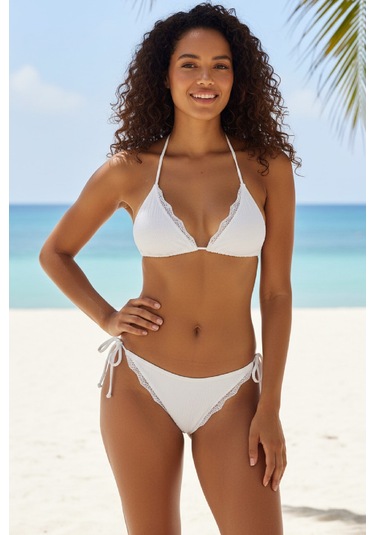 Intive Lingerie Kadın Beyaz Pedli Bel Ve Boyundan Bağlamalı Dantelli Şık Bikini T