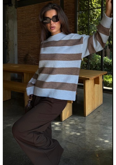 Camel Bisiklet Yaka Çizgili Oversize Triko Kazak Mg1972 CAMEL