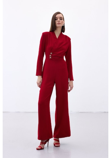 Sateen Fiyonk Aksesuarlı Krep Tulum - Kırmızı-136702 Kırmızı