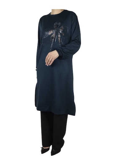 Kadın Önü Desenli Kristal İki İplik Büyük Beden Tunik Zümrüt