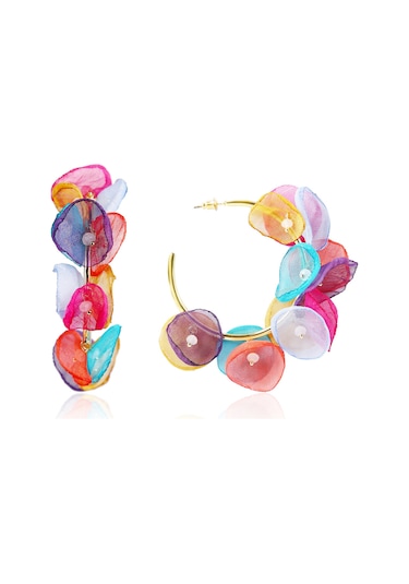 Kadınlar İçin Çiçek Kumaş Küpeler, Renkli Taze Daire Uzun Püskül Çok Renkli