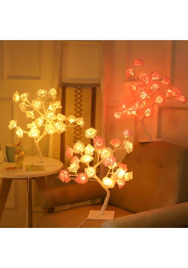 Youmex Beyaz Usb Anahtarlı Led Simülasyon Gül Ağaç Lambası - Çıkarılabilir Plastik Tabanlı Dekoratif Gece Lambası Beyaz