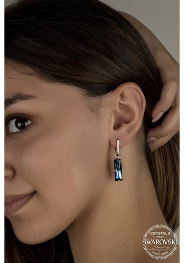 Union Swarovski Crystal Kadın Lacivert Baget Sallantılı Gümüş Küpe