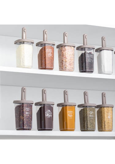 Porsima 1100 Kaydırmalı Kaşıklı Baharatlık Seti 12'li Şeffaf - Cappucino