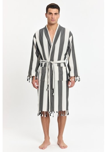 Erkek Striped Peştemal Bornoz %100 Pamuk Plaj Bornoz Siyah