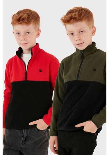 Lela Yumuşak Dokulu Yarım Fermuarlı Renk Bloklu Dik Yaka 2'Li Paket Çocuk Polar 5905004S2 Haki Siyah-Kırmızı Siyah