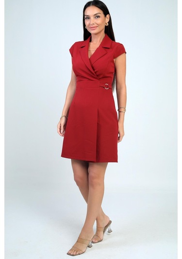 Kadın Kruvaze Yaka Toka Detaylı Eteği Pileli Likralı Krep Elbise-41676 Bordo