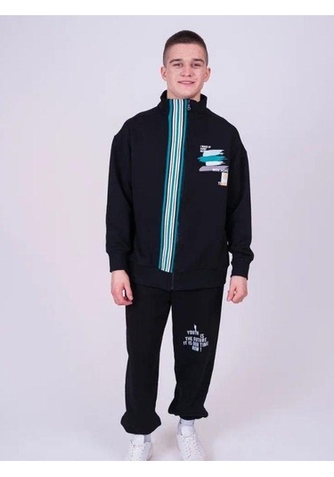 Erkek Çocuk Dik Yaka Fermuarlı Çizgi Detaylı Teenage Hırka-13544 Siyah