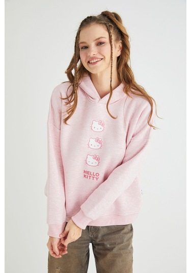 Hello Kitty Lisanslı Baskılı Kapüşonlu Pembe Sweatshirt Renkli