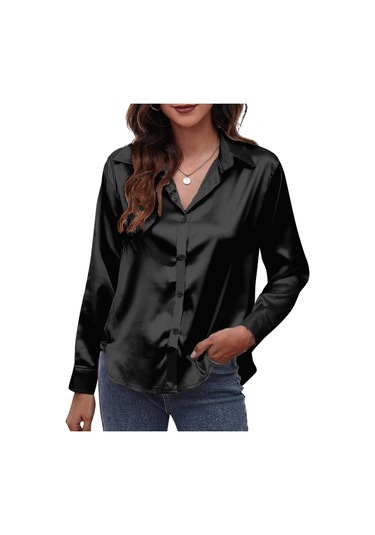 Kadınlar Katı Saten Gömlek Uzun Kollu Düğmeler Casual Gömlek, Renk Siyah