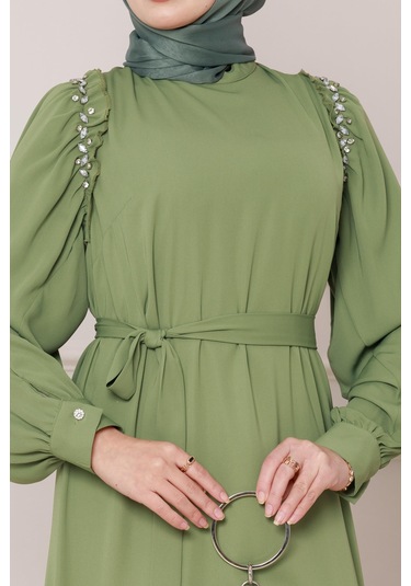 Omuzu Taş Detaylı Rose Elbise-fıstık Yeşili-4779 Fıstık Yeşili