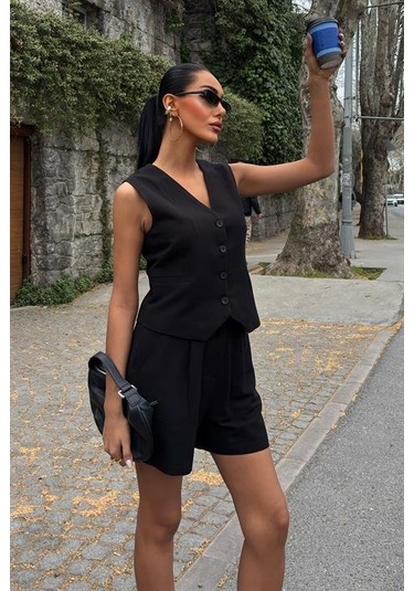 Yelek Şort Flamlı Keten Takım 10133-17 Si Yah