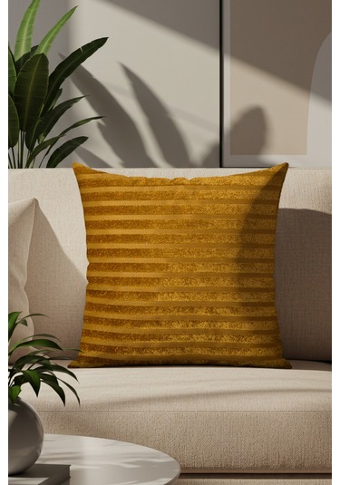 Sezyon Elya Çizgi Desenli 50 50 Hardal Kırlent Kılıfı Hardal