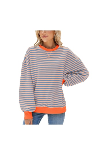 Hnxc Kadın Modası Rahat Çizgili Baskılı Uzun Kollu O-boyun Kapşonlular Ve Sweatshirtler Pembe&gri Pembe - Gri