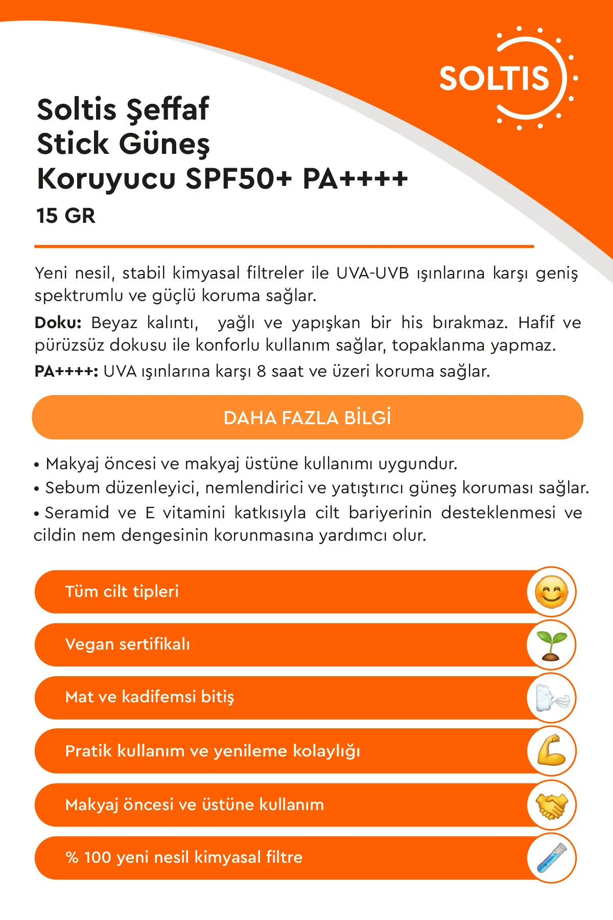 Soltis Şeffaf Stick Güneş Koruyucu Spf50+ Pa++++, 15 Gr