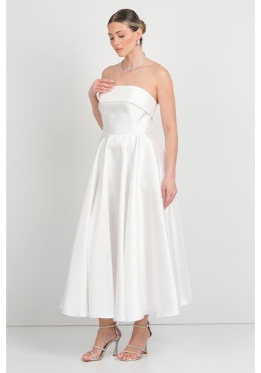 Doridorca Kadın Straplez Uzun Abiye Elbise 6068 Beyaz Beyaz