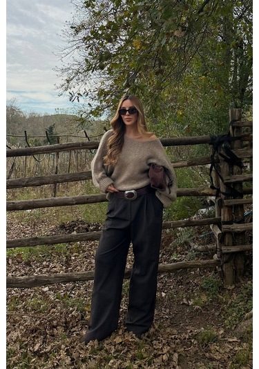 Vizon Kayık Yaka Kazak - 4338 Vizon