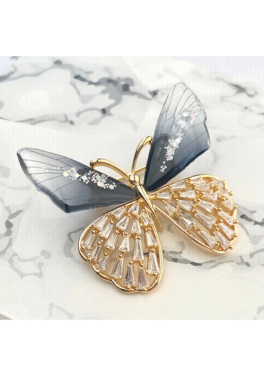 Broş Kadın Altın Kaplama Zirkon Taşlı Kelebek Yaka İğnesi Broş Si Altın -  Siyah