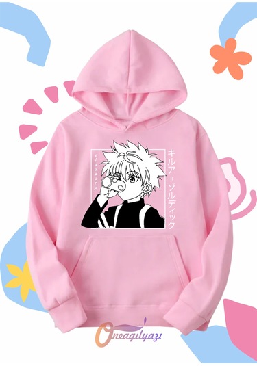 Çocuk Unisex Hunter Killua Anime Baskılı Oversize Kapüşönlü Sweatshirt Pembe