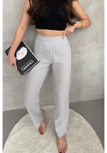 Kadın Gri Yüksek Bel Fitilli Bol Paça Günlük İnce Eşofman Altı Gri