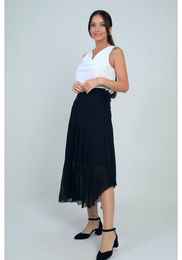 Kadın Yanları Kısa Astarlı Uzun Tül Etek-41717 Siyah