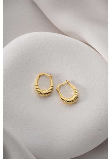 925 Ayar Gümüş Gold Rengi Çizgili Oval Tasarım Şarnel Küpe Gold