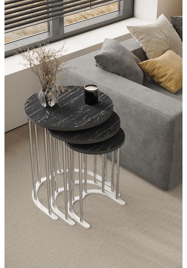 3' Lü Zigon Sehpa Gümüş Ayak Siyah Mermer 18 Mm Mdf Gümüş - Beyaz Mermer