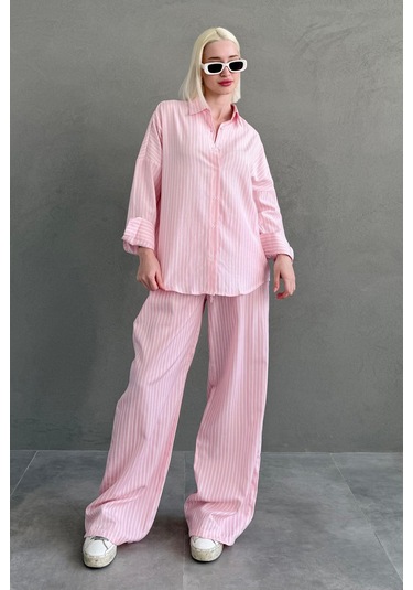Madmext Pembe Çizgili Gömlek Pantolon Kadın Takım Mg2457 Pembe