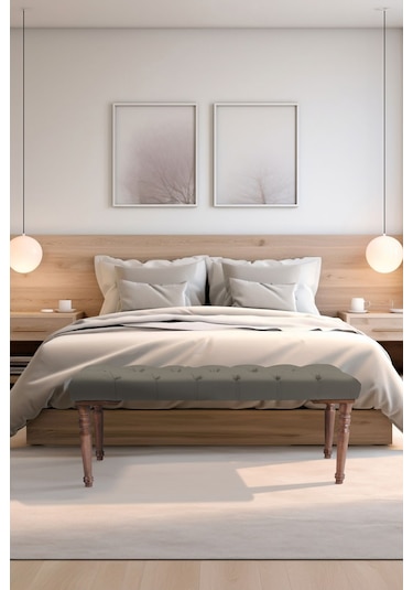 Gazzini Classic Torna Gürgen Ahşap Ayak Chester Model Kapitoneli Antrasit Puf Bench - Ceviz Ayak