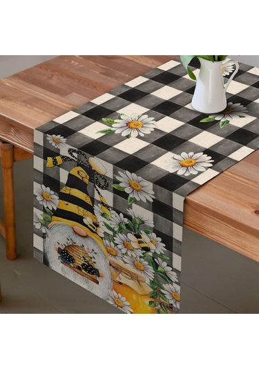 Bahar Arı Gnome Masa Koşucu, Bal Siyah Beyaz Ekose Kontrol Ev Mutfak Yemek Dekor