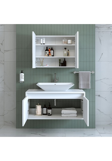 Banos Banyo Roomart Lavabolu Mat Beyaz Mdf 100Cm Banyo Dolap+Ayna Mat Beyaz