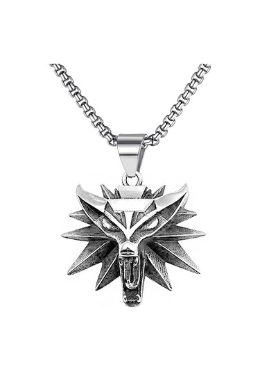 Paslanmaz Çelik Kurt Başı Titanyum Erkek Kolye Gümüş