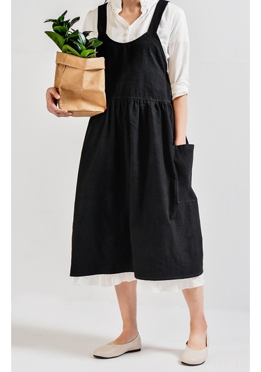 Dianziye Siyah Kumaş Mutfak Fırın Apronu - Yüksek Bel Desenli, Logo Baskılı, Ev Ve Mağaza Çalışma Giyimi, Tüm Bedenler