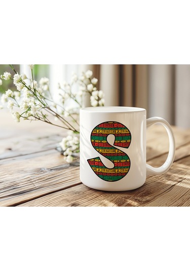 S Harfi Etnik Desenli Kupa - Afrika Tarzı Kahve Çay Kupası - Hediyelik - Black History Beyaz