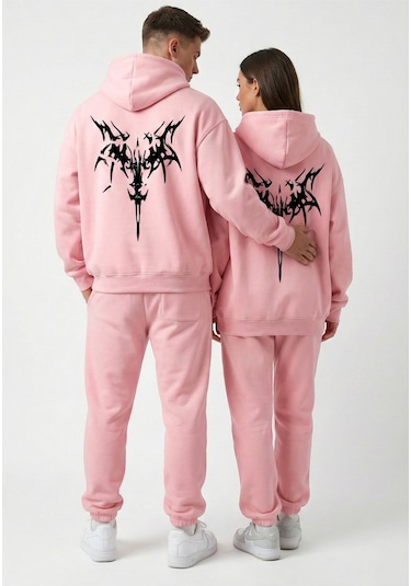 Nevermind Unisex Oversize Hoodie Grafik Sembol Baskılı Pembe