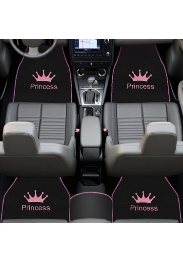 Prenses Gibi Arabana Hava Kat Taç Desenli Pembe Nakışlı 5 Li Oto Halı Paspas Seti