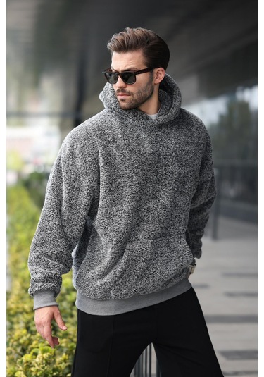 Gri Peluş Kapüşonlu Erkek Sweatshirt 6050 Gri