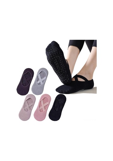 Jeehugo Kadınlar İçin 5 Çift Yoga Çorapları - İç Mekan Pilates Sporu, Zemin Kullanıma Uygun, Düz Renk, Ayak Bileği Bağcıklı Egzersiz Çorapları Diğer