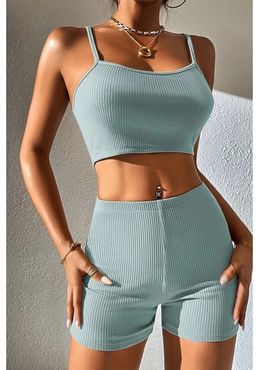 Kadın Açık Mavi Şortlu Kaşkorse Gecelik Takım Çok Renkli