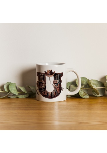 U Harfi Kovboy Temalı Bardak 330 Ml İsim / Harf Kişiye Özel Hediye - Vahşi Batı Konsept Beyaz