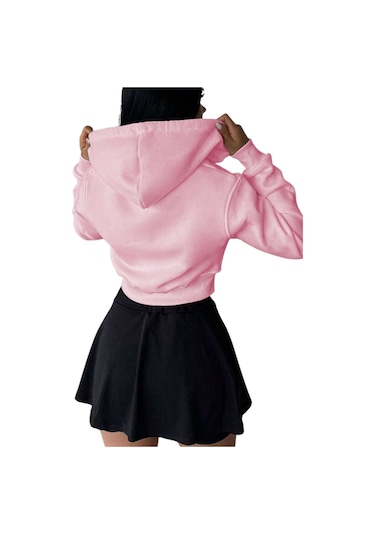 Pembe Kadın Crop Fermuarlı Kapüşonlu Sweatshirt Pembe