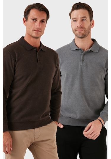 Buratti Pamuk Karışımlı Regular Fit 2'Li Paket Erkek Polo Yaka Kazak 456223S2 Kahve-Koyu Gri