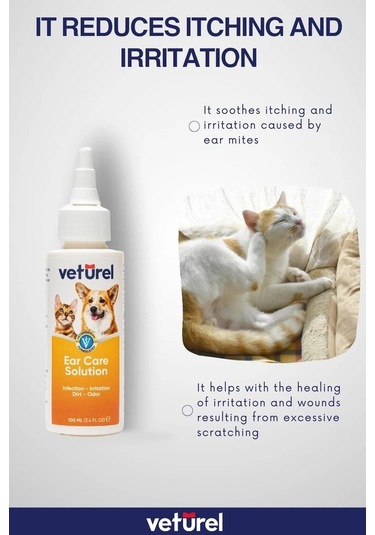Veturel Köpek Kulak Temizleme Solüsyon Kir Enfeksiyon Kaşıntı Koku Kulak Uyuzu 100 ML + Disk Pamuk 50'li