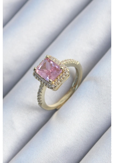 Pirinç Pembe Zirkon Taşlı Kadın Yüzük Gold Renk Çok Renkli