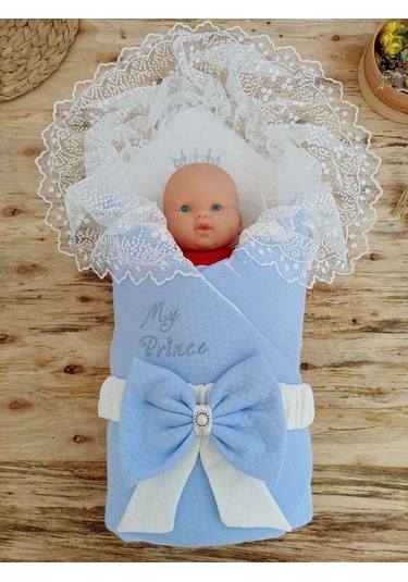 Bal Peteği My Prince Taç Nakışlı İnci Fiyonklu Dantel Duvaklı Delüks Kundak Bebek Battaniyesi Mavi