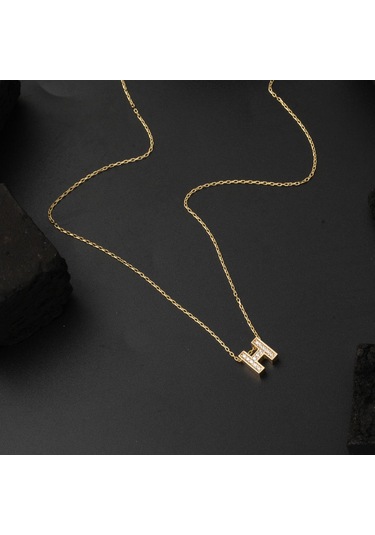Taşlı H Harfli Minimal Harf Kolye Altın