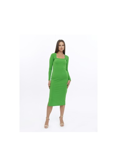 Fitilli Örme Kumaş Uzun Kollu Yırtmaçlı Midi Boy Fiona Elbise-3303-yeşil Yeşil