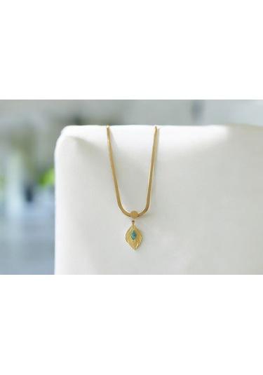 Kadın Çelik Firuze Yaprak Kolye Altın Renk Çelik