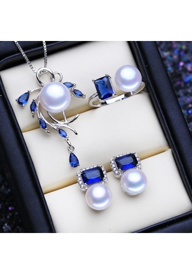 Siyah Lsooyh Doğal Tatlı Su Inci Kolye Kübik Zirkonya Mavi Kristal Çiçek Küpe Yüzük Kadınlar Için Inci Takı Setleri Siyah